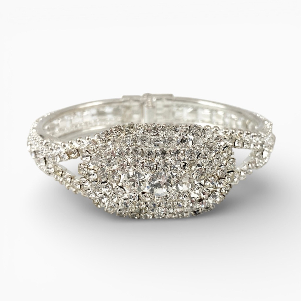 Vintage Silver tone Encrusted Clear Rhinestone Clamper Cuff Bracelet. Bridal